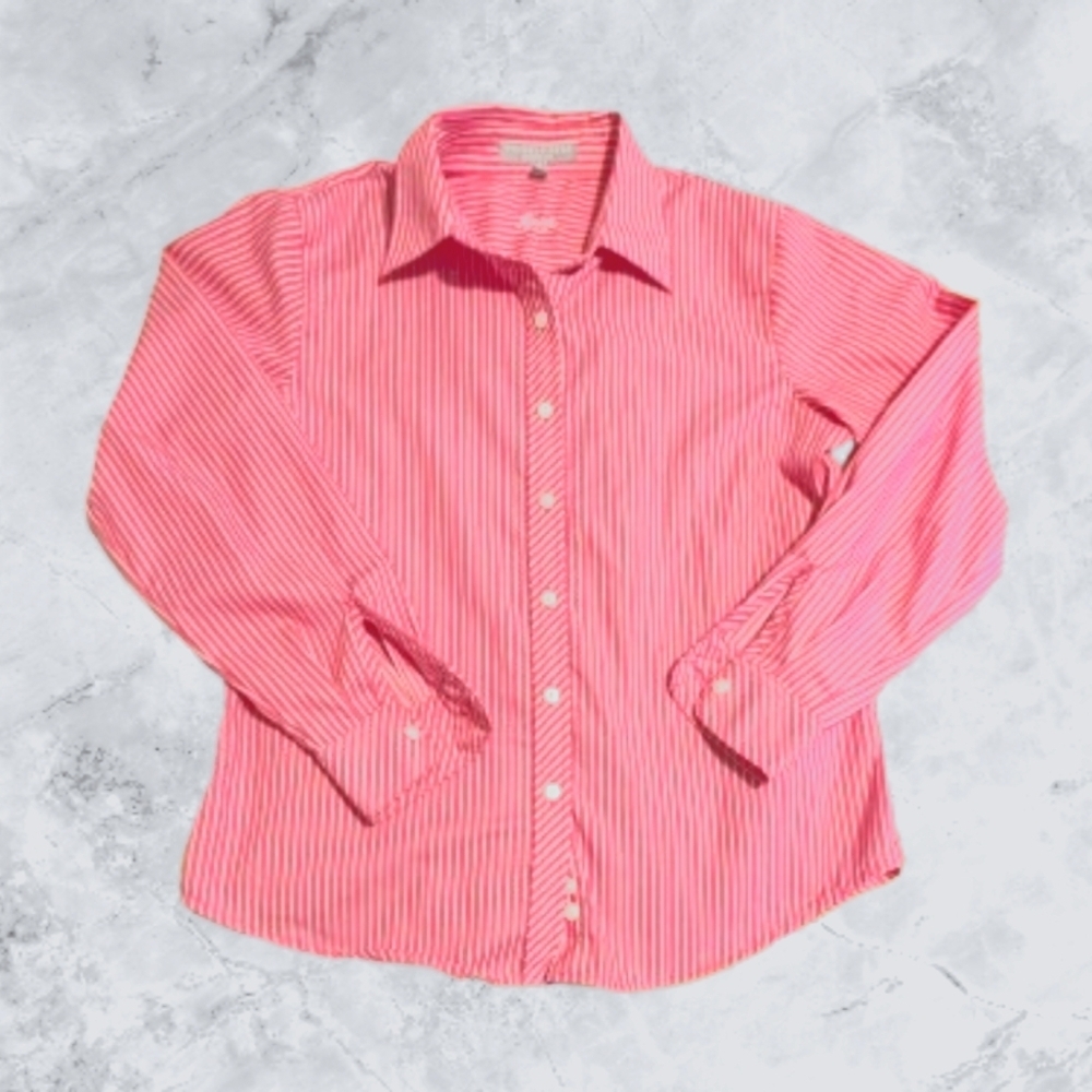 Foxcroft Fuchsia Rose Striped Button-Up Shirt Women's 6P No Iron